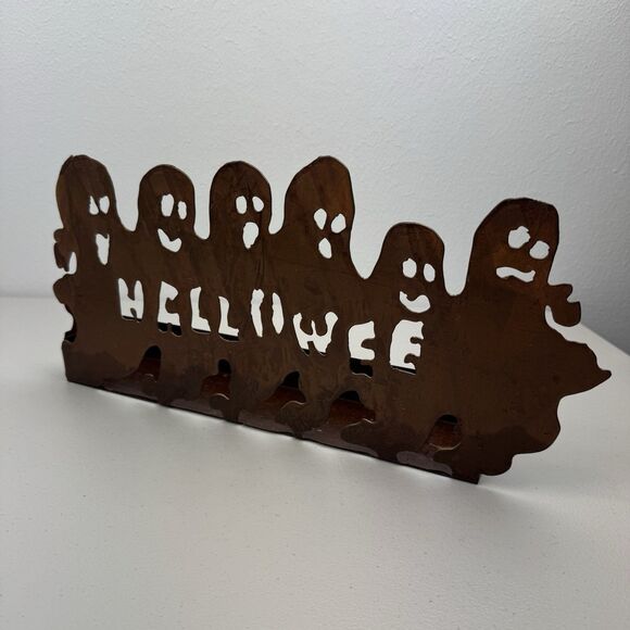 Halloween Tealight Candle Holder Rustic Metal Ghost BOO 14"x10"x3" Cut Out - Picture 1 of 6